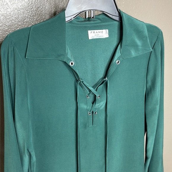 FRAME Sz Small Spruce Color 100% Silk Shirt Lace detail Like New Tunic Style - Picture 2 of 7